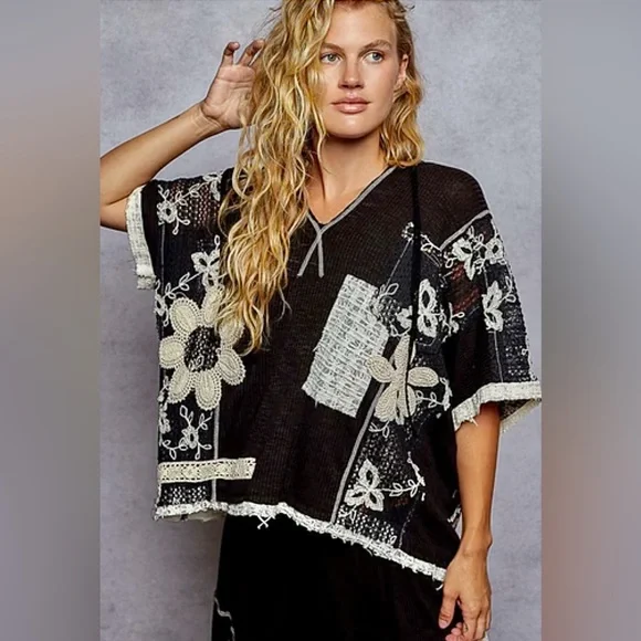 POL Mixed Lace Patchwork Hoodie Top Black Boho Oversized Size Small - Picture 1 of 12